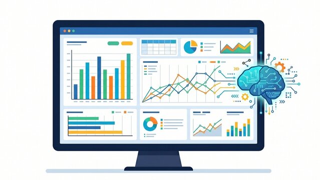 Business intelligence and AI data analytics dashboard vector illustration