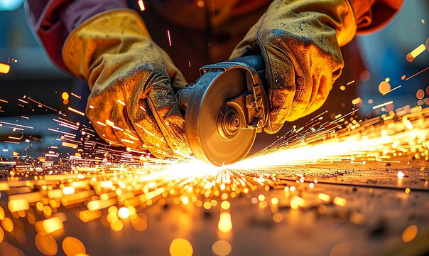 Ein Arbeiter schleift Metall, wobei Funken sprühen.