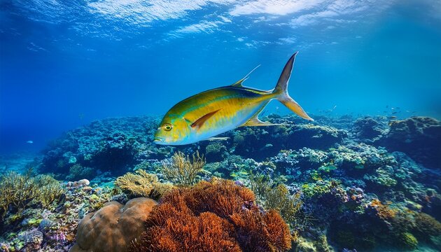 a vibrant yellowtail kingfish swims majestically through the crystal clear blue ocean its iridescent scales shimmering in the sunlight surrounded by coral reef and seaweed