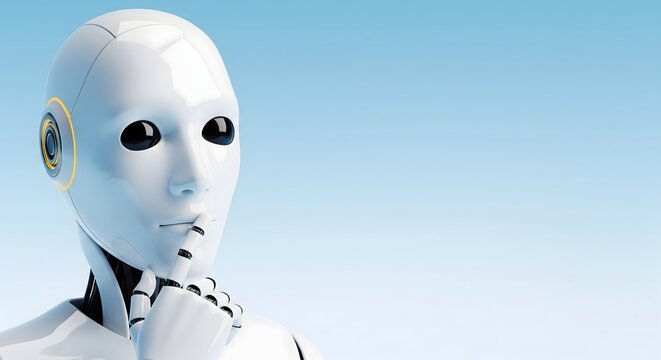 Close-up of a white humanoid robot in a thinking pose with copy space against a clear blue sky background