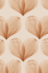 Delicate flower petals as heart shapes, minimalist neutral colored pattern on soft beige background. Concept of love, tenderness, and romance, holiday greetings for Valentine Day, wedding invitations. © yrabota