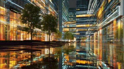 Fototapeta premium Reflective Night Cityscape with Modern Business Architecture and Vibrant Lights in Urban Landscape