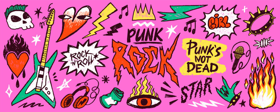 Punk rock emo doodle set with guitar, fire heart, music symbols and handwritten typography in colorful grunge style on pink background. Rock emo graphics for stickers and posters