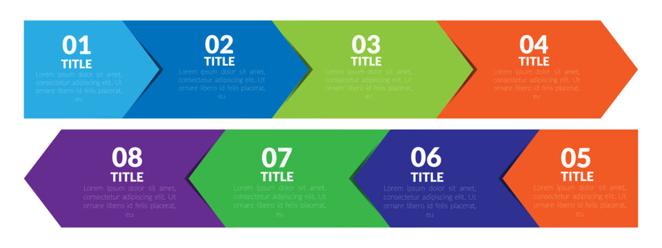 Modern design template for infographics chart. Concept of arrow business model with 6 successive steps. Six colorful graphic elements. Timeline design for brochure presentation. Infographic layout set