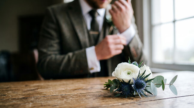 Man adjusting cufflinks while wearing a suit beside a bouquet  