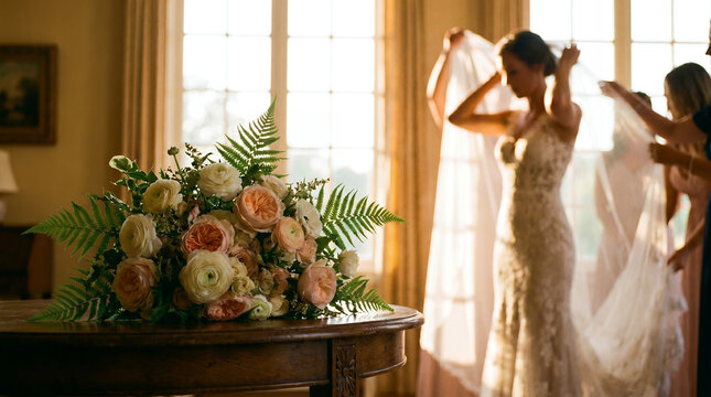 Bride getting ready with bridesmaids in elegant room decorated with flowers  