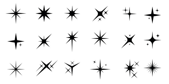 Sparkle star icons. Shine icons. Stars sparkles. Vector set of different black sparkles. Collection of star sparkles symbol.
