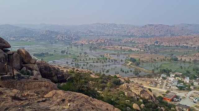 Wide view of sacred Anjanadri hill landscape in hampi karnataka surrounded by scenic nature