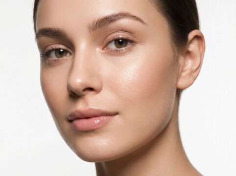 Close-up beauty portrait of a young woman with natural glowing skin and clean makeup, isolated on white background