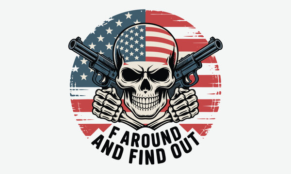 Patriotic skull mascot with American flag and crossed pistols grunge vector design