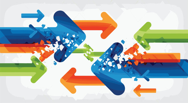 Dynamic abstract background depicting multicolored arrows converging and diverging explosively, symbolizing fast communication, data transfer, and energetic movement.
