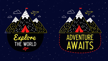 Illustrated travel themed graphic with mountains, tents, airplanes, and inspirational travel quotes on dark blue on transparent background silhouette © sajida