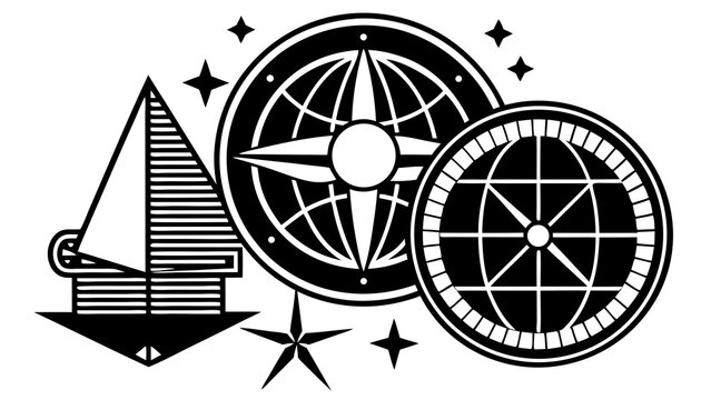 Illustration of a sailboat, compass rose, globe and stars in black and white nautical themed design style on transparent background silhouette