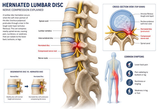 The human spine shows a herniated lumbar disc causing nerve compression.