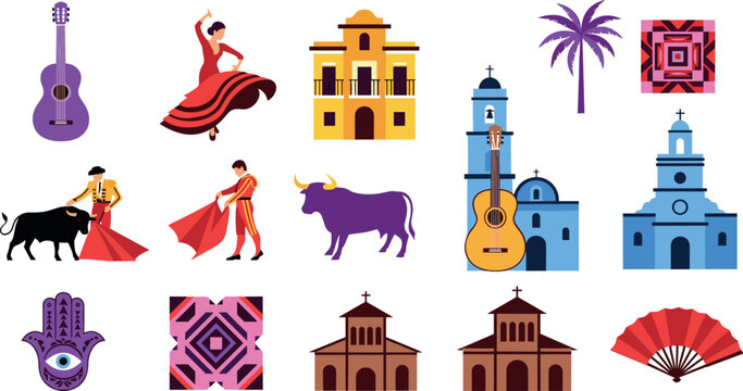 Spanish and Mexican Cultural Vector Set Featuring Flamenco Dancer Bullfighter Matador Architecture Guitar Hamsa Hand and Traditional Ceramic Tile Pattern Designs