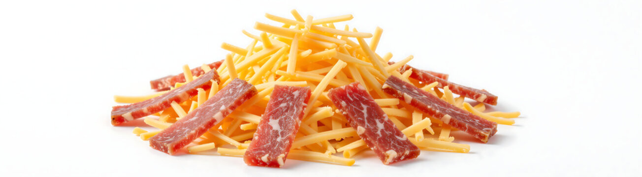 heap colorful shredded cheese vibrant red meat strips arranged circular pattern white studio backdrop soft diffused