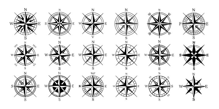 Compass rose icon vector set with nautical wind rose elements, cardinal directions, and black star grid patterns