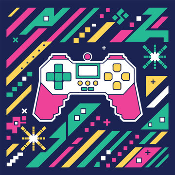 Cute retro game controller illustration in pixel art style, colorful gaming joystick with buttons and directional pad, isolated on orange background, cartoon vector design, vibrant colors, playful gam