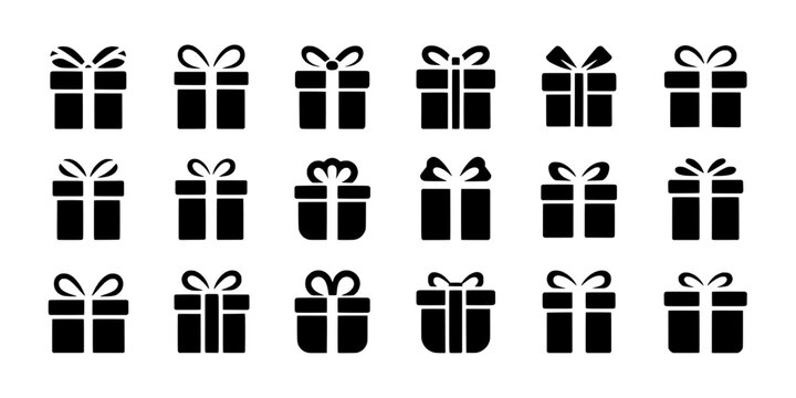 Gift box icons pattern with simple bow ribbons in grid layout for holidays, celebrations, and festive branding