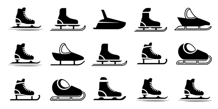 Ice skates vector icons set with black silhouettes, inline skate design and simple winter sports style