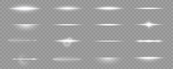  Set line Horizontal spotlight beam with powerful white ray and subtle shimmer dust, abstract arena performance line illumination on dark backdrop, scalable commercial element design vector and png. © Denis_STOCK
