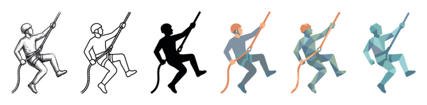 Climber rappelling down a rope in various styles including sketch, outline, silhouette, flat, and polygonal vector illustration set