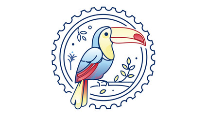 Obraz premium Colorful toucan bird vector illustration in a circular stamp emblem. Clean line art with editable stroke, adjustable stroke, customizable, stroke weight, line weight, thin line, and stroke weight.