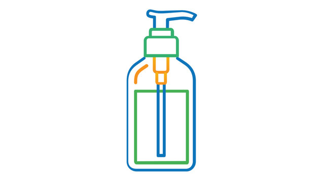 Vector icon of a hand sanitizer or liquid soap pump bottle with clean multi-color outlines in blue, green, and orange, perfect for healthcare, hygiene, medical supplies, and skincare designs.
