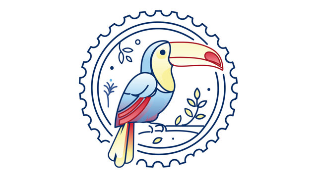 Colorful toucan bird vector illustration in a circular stamp emblem. Clean line art with editable stroke, adjustable stroke, customizable, stroke weight, line weight, thin line, and stroke weight.