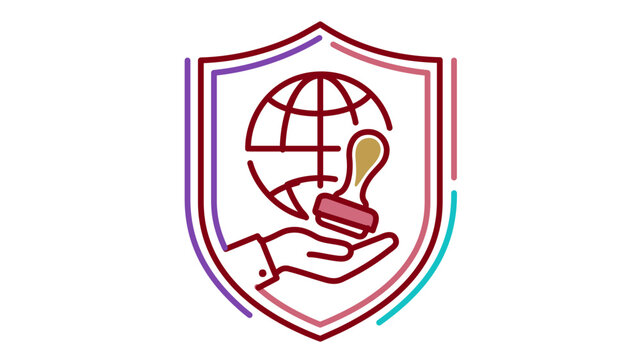 Worldwide authentication symbol featuring a protective crest, planetary sphere, and official imprint. Clean outline vector with flexible stroke weight and modifiable linear paths.