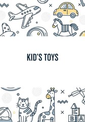 Naklejka premium Kids Toys Illustration Background with Airplane Car Rocking Horse Giraffe and Cat for Children's Design and Posters