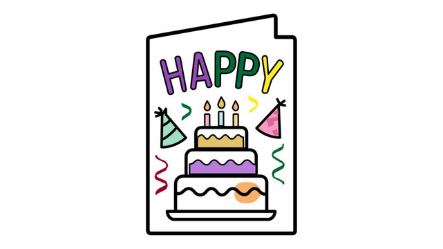 Colorful birthday greeting card vector icon with editable stroke, featuring a three-tiered cake with candles, party hats, and confetti, adjustable line weight for custom celebration designs.