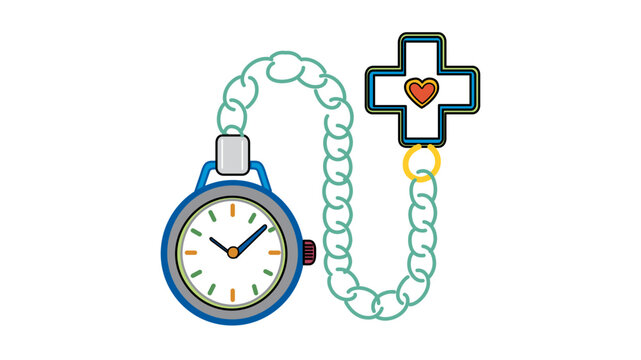 Vivid vector illustration of a pocket watch and medical cross with heart, representing time-sensitive healthcare and cardiology, featuring an editable stroke, adjustable line weight, and stroke.