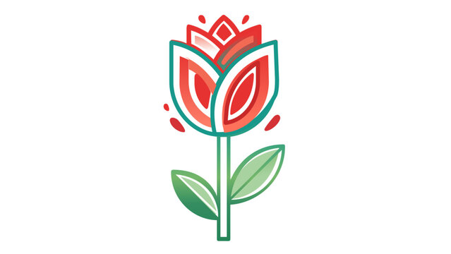 Stylized crimson spring tulip vector icon with green foliage and a modifiable line weight stroke. Modern geometric floral graphic for minimal nature logos and seasonal greeting card design.