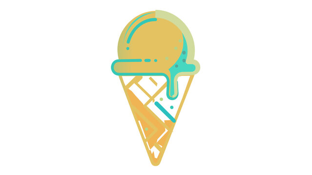 Vibrant vector illustration of a refreshing mint green ice cream scoop in a waffle cone, featuring a modern flat design with colorful outlines, a melting drip effect, and clean line art style.