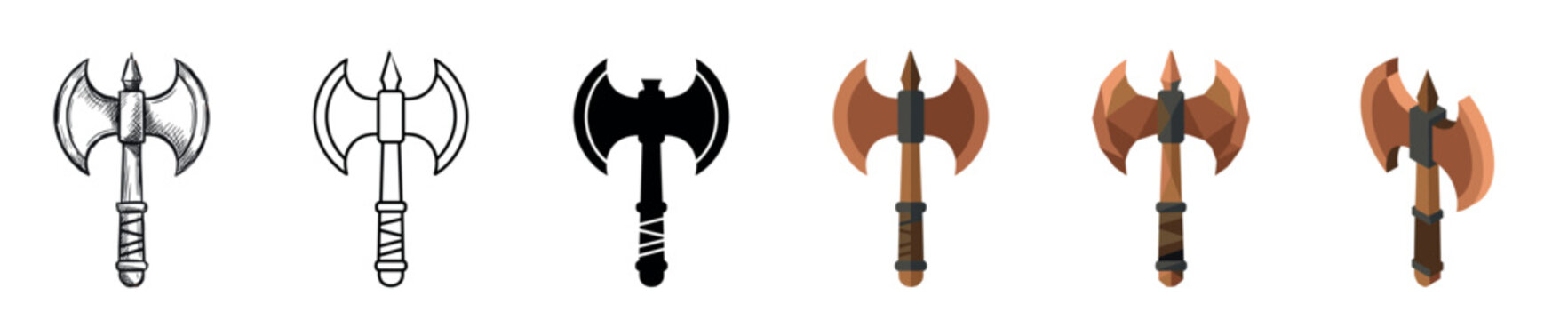 Double-bladed battle axe weapon icons in various styles including sketch, outline, silhouette, flat, low poly, and isometric vector illustration