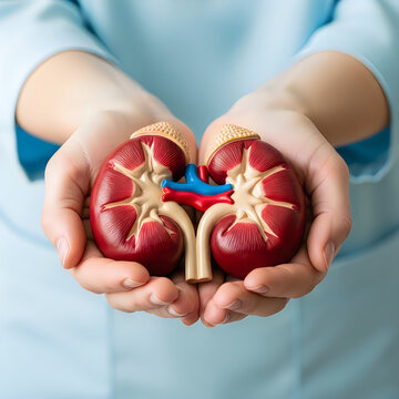 Human hands holding dissected human kidneys with blood vessels