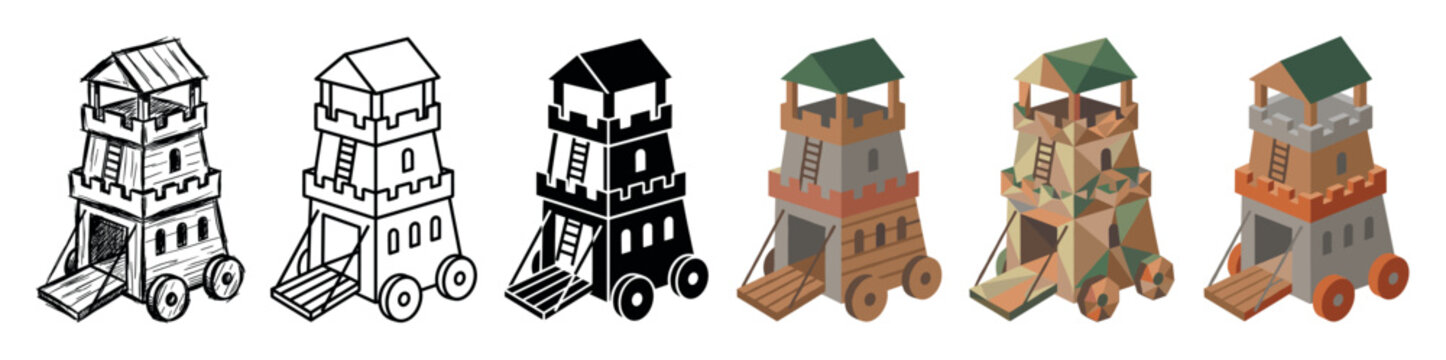 Siege tower battle ram icons set in various styles including hand-drawn sketch, outline, solid, flat, and isometric vector illustrations