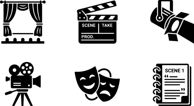 Theater and Film Production Icons Set. Vector