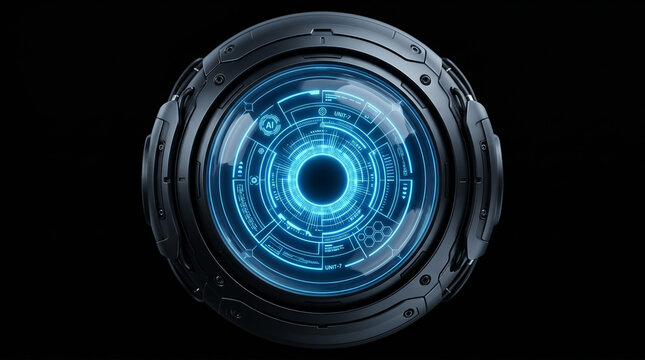 Futuristic circular mechanical device featuring glowing blue neon holographic interface elements encased in dark metallic armor presented against a solid black background creating a high tech cinemati