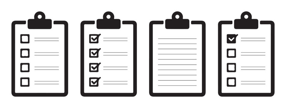 Checklist clipboard icon set with task list and survey forms for business project management plans.