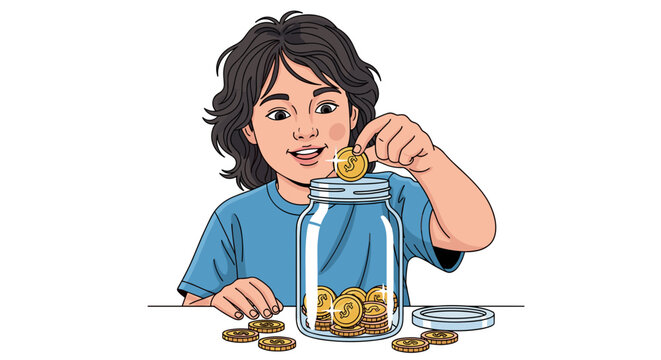 A young child with a bright smile enthusiastically deposits a golden coin into a glass jar filled with savings, illustrating the concept of early financial education.