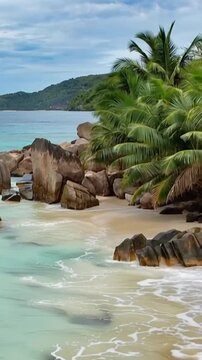 Seychelles island in Africa. Anse Source D'Argent, paradise beach. La Digue at Anse Lazio. Vertical video