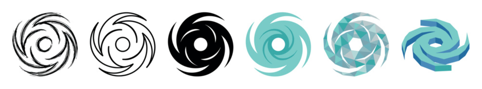 Hurricane cyclone typhoon storm weather icons set in various styles including brush, outline, solid, flat, low poly, and isometric vector illustration