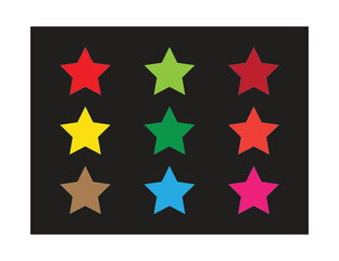 Fototapeta premium Colorful star icons set on black background, collection of nine vibrant star symbols, flat vector star shapes for rating and rewards