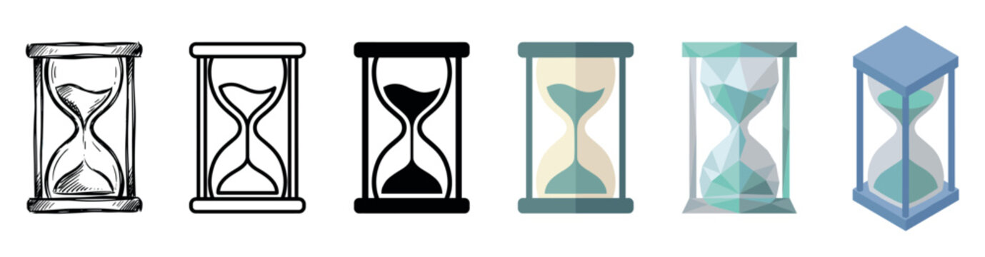 Hourglass sand clock timer icons in various styles including sketch, outline, solid, flat, low poly, and isometric vector illustration