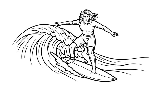 A dynamic black and white illustration captures a young woman fearlessly surfing a powerful wave, showcasing her balance and skill on a surfboard amidst the ocean's crest.