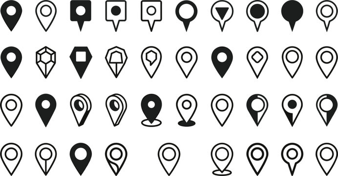 Minimalist Black Map Marker Icon Set with Diverse Location Pins Navigation Pointers and Waypoint Symbols for Website UI Mockups and GPS Travel Interface Designs