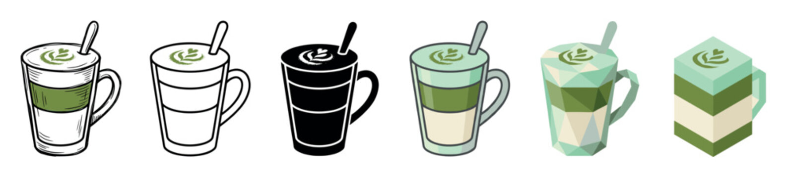 Matcha latte cup with spoon and foam art in six different styles vector illustration set