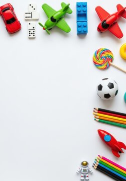 Colorful Children's Toys and School Supplies Frame on White Background with Copy Space for Text